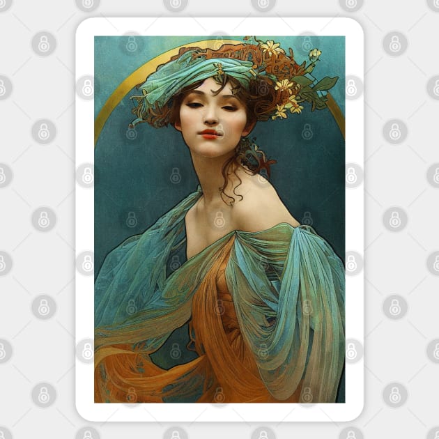 Art Nouveau Beauty in Turquoise and Orange - Vintage, Mucha, Gilded Age Sticker by AllRealities